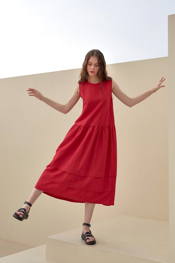Linen Shirring Dress_Red